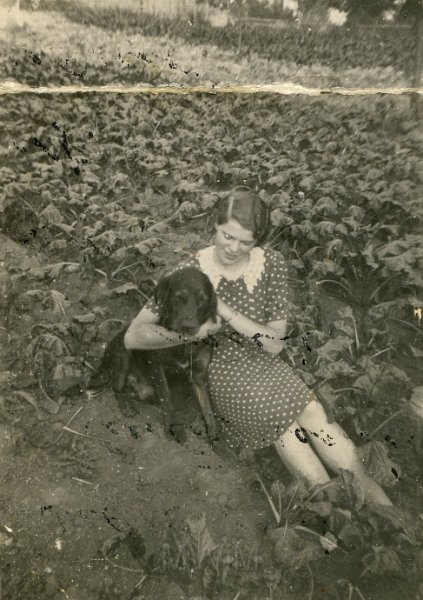 KKE 4756.jpg - Fot. Portret z psem. Jadwiga Jarzynowska (z domu Siemaszko) – mama Marii Jolanty Mierzejewskiej (z domu Jarzynowska) z psem „Dago”, Perweniszki, 1939 r.